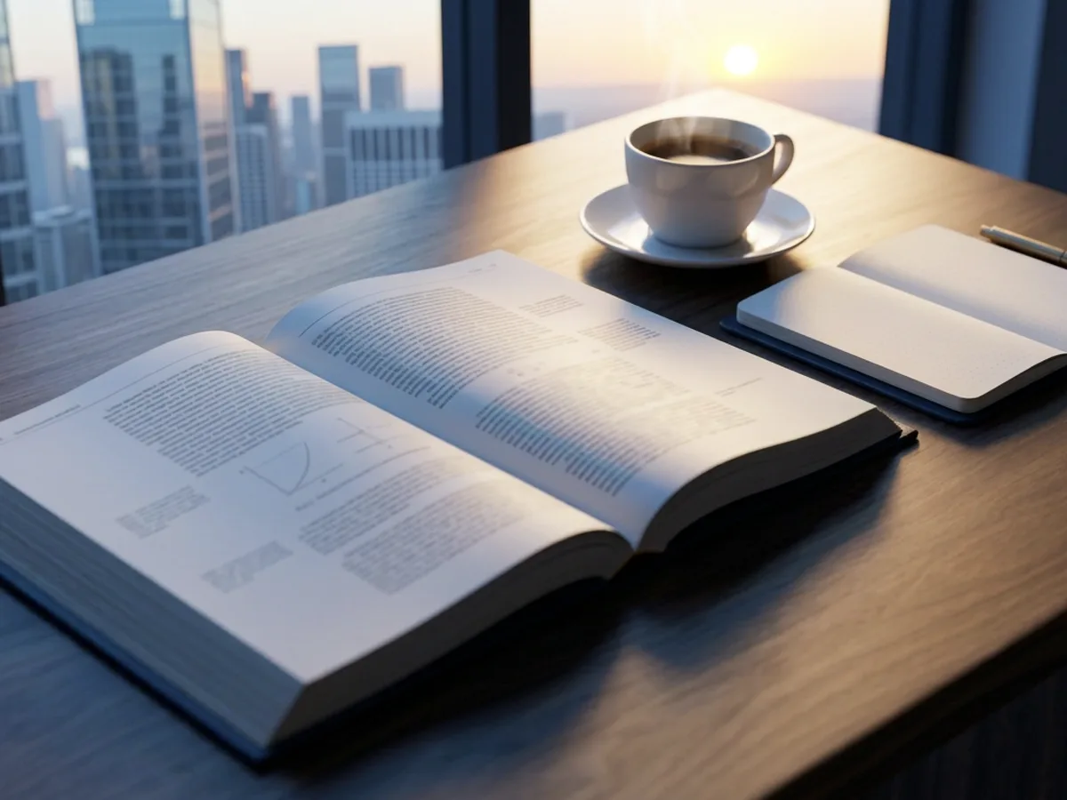 A desk with an open textbook, notebook and coffee by a window at sunrise