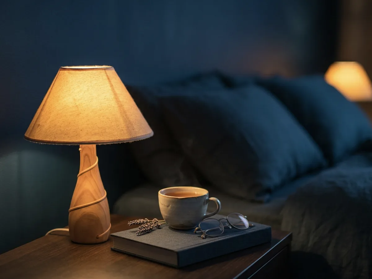 A bedside table with a lamp, tea, reading glasses and a closed book in the evening